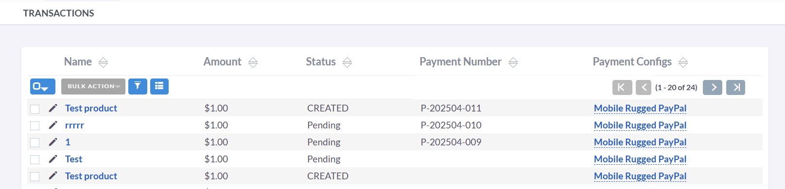 Managing Transactions list view